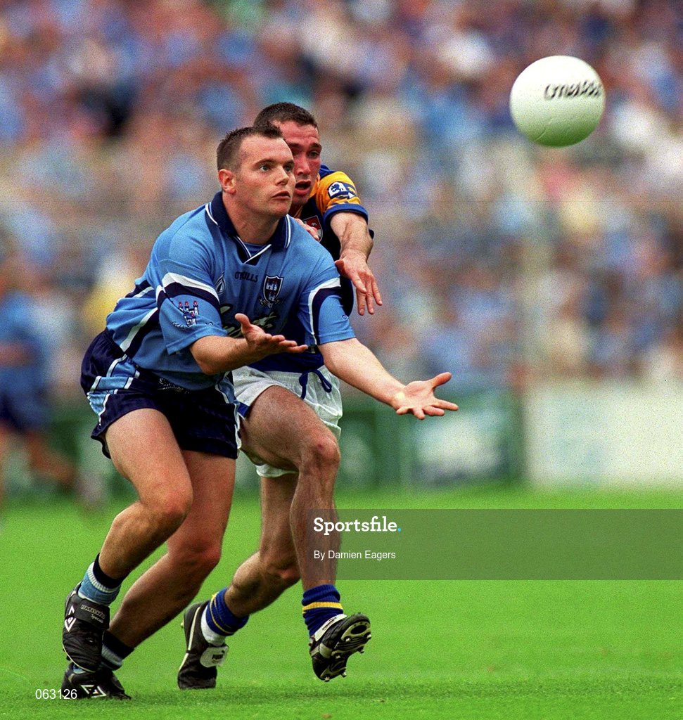 27 May 2001; Thomas Lynch of Dublin is tackled by Trevor Smullen of Longford during the Bank of Ireland Leinster Senior Football Championship Quarter-Final match between Dublin and Longford at Croke Park in Dublin. Photo by Damien Eagers/Sportsfile
