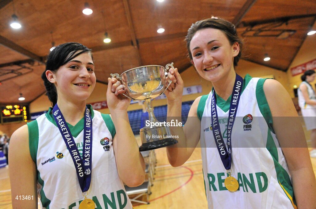25 March 2010; Joint captains Heather Murphy, left, and Katie McMullen, St Mary's College, with the cup. U19C Girls - All-Ireland Schools League Finals 2010, St Mary's College, Arklow v Stella Maris Secondary School, Waterford, National Basketball Arena, Tallaght, Dublin. Picture credit: Brian Lawless / SPORTSFILE