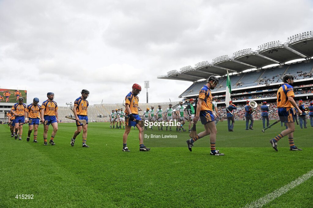17 March 2010; The Portumna and Ballyhale Shamrocks players take part in the pre-match parade. AIB GAA Hurling All-Ireland Senior Club Championship Final, Ballyhale Shamrocks v Portumna, Croke Park, Dublin. Picture credit: Brian Lawless / SPORTSFILE