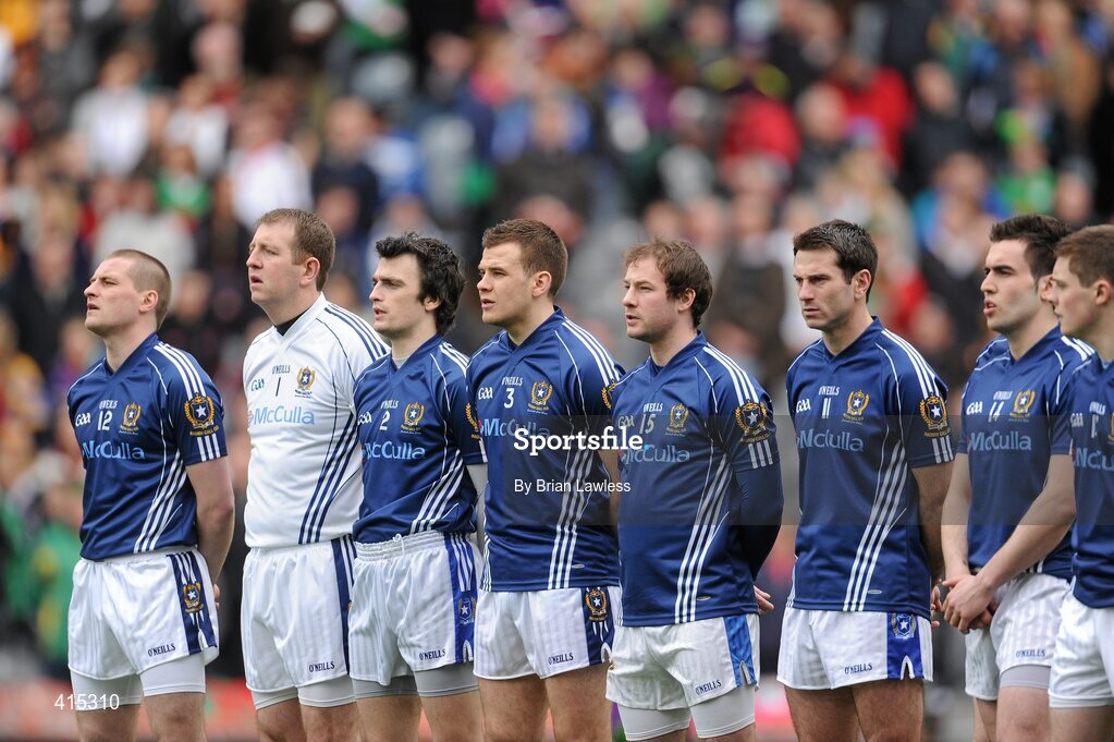 17 March 2010; St Gall's players, from left, Kevin McGourty, Ronan Gallagher, Paul Veronica, Andrew McClean, Kieran McGourty, Rory Gallagher, Kevin Niblock, and Terry O'Neill, stand for the National Anthem. AIB GAA Football All-Ireland Senior Club Championship Final, Kilmurry Ibrickane v St Gall's, Croke Park, Dublin. Picture credit: Brian Lawless / SPORTSFILE