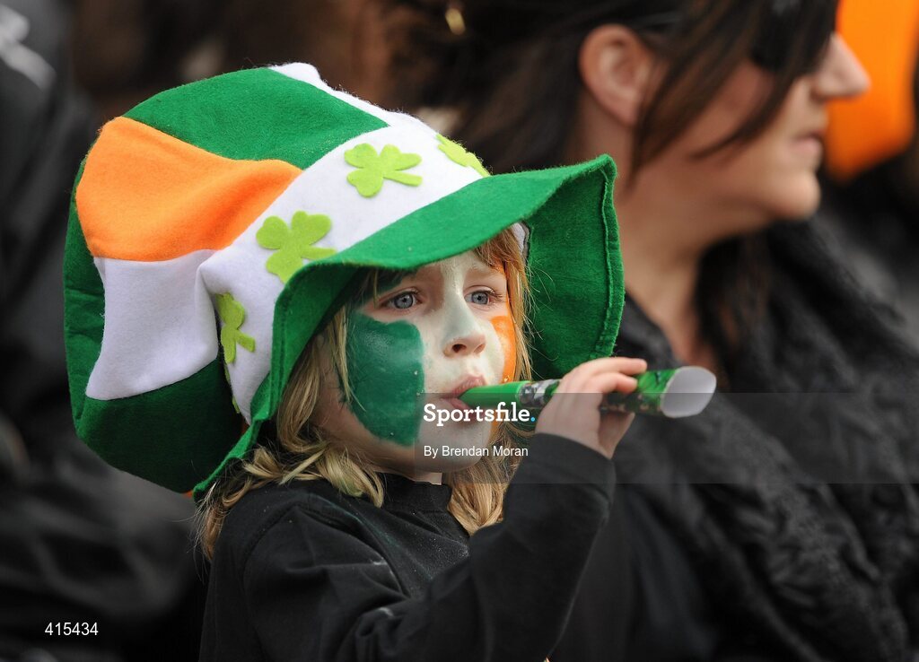 17 March 2010; A young supporter in the crowd blows a bugle. AIB GAA Hurling All-Ireland Senior Club Championship Final, Ballyhale Shamrocks v Portumna, Croke Park, Dublin. Picture credit: Brendan Moran / SPORTSFILE