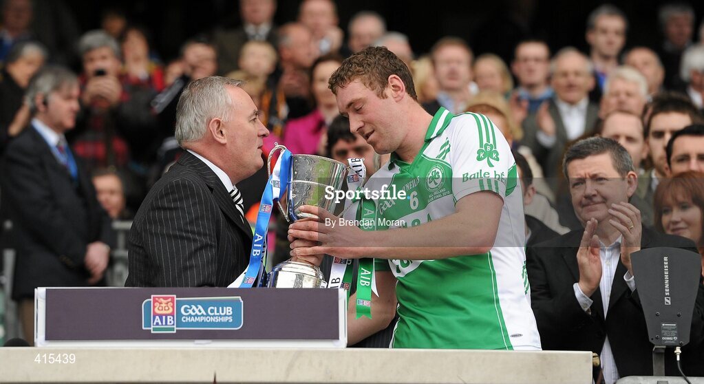 17 March 2010; Ballyhale Shamrocks captain Eamonn Walsh is presented with the Tommy Moore Cup by Uachtarán CLG Criostóir Ó Cuana. AIB GAA Hurling All-Ireland Senior Club Championship Final, Ballyhale Shamrocks v Portumna, Croke Park, Dublin. Picture credit: Brendan Moran / SPORTSFILE