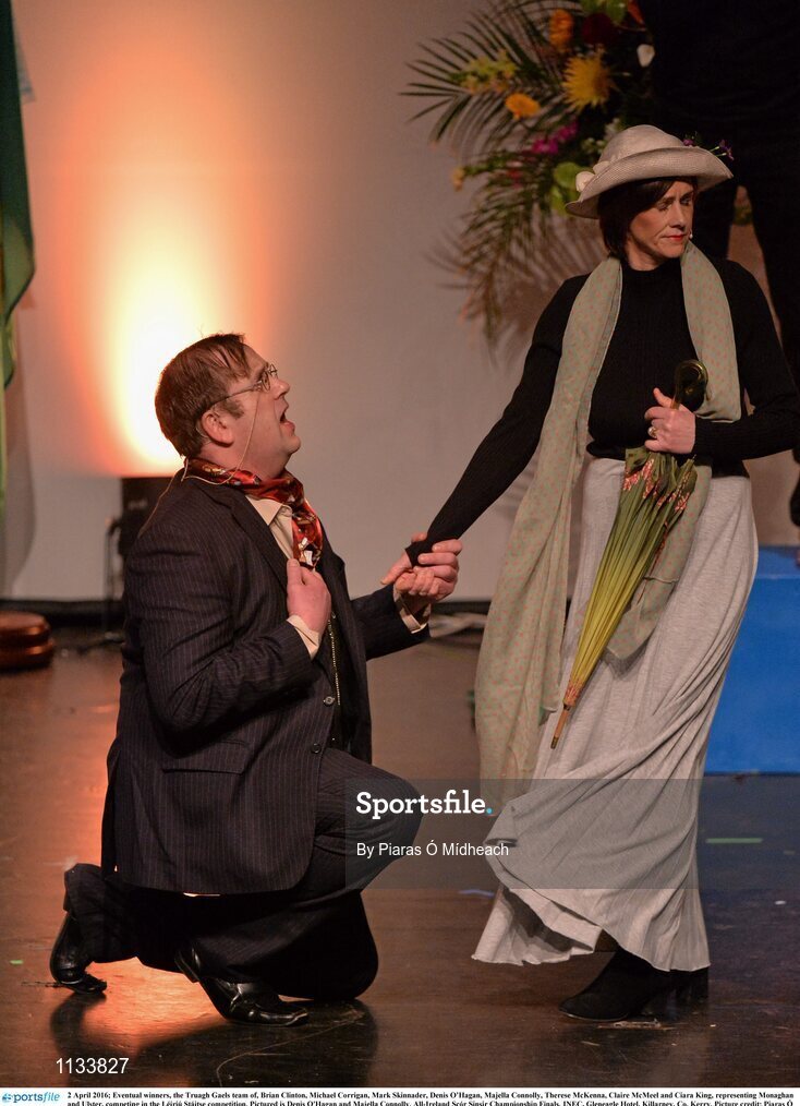 2 April 2016; Eventual winners, the Truagh Gaels team of, Brian Clinton, Michael Corrigan, Mark Skinnader, Denis O’Hagan, Majella Connolly, Therese McKenna, Claire McMeel and Ciara King, representing Monaghan and Ulster, competing in the Léiriú Stáitse competition. Pictured is Denis O'Hagan and Majella Connolly. All-Ireland Scór Sinsir Championship Finals. INEC, Gleneagle Hotel, Killarney, Co. Kerry. Picture credit: Piaras Ó Mídheach / SPORTSFILE