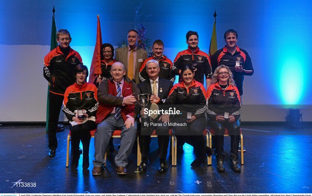 2 April 2016; Uachtarán Chumann Lúthchleas Gael Aogán Ó Fearghail, front row centre, and Antóin Mac Gabhann, Cathaoirleach Coiste Naisiúnta Scór, back row, with the The Truagh Gaels team, representing Monaghan and Ulster that won the Léiriú Stáitse competition. All-Ireland Scór Sinsir Championship Finals. INEC, Gleneagle Hotel, Killarney, Co. Kerry. Picture credit: Piaras Ó Mídheach / SPORTSFILE