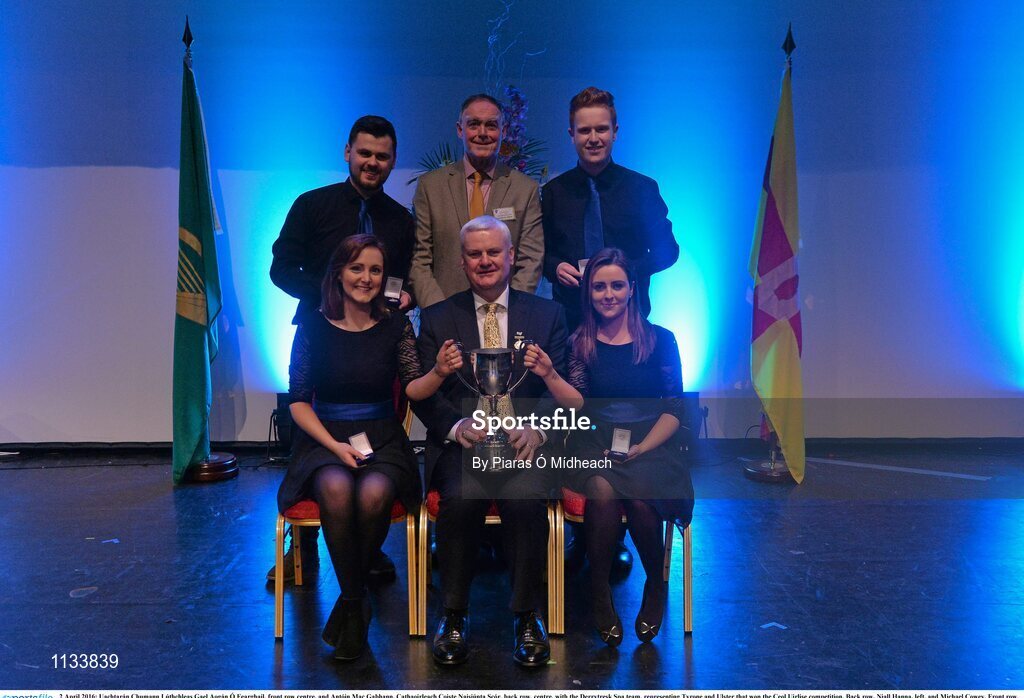 2 April 2016; Uachtarán Chumann Lúthchleas Gael Aogán Ó Fearghail, front row centre, and Antóin Mac Gabhann, Cathaoirleach Coiste Naisiúnta Scór, back row, centre, with the Derrytresk Spa team, representing Tyrone and Ulster that won the Ceol Uirlise competition. Back row, Niall Hanna, left, and Michael Cowey. Front row, Rachel McGarrity, left, and Alannah Campbell. All-Ireland Scór Sinsir Championship Finals. INEC, Gleneagle Hotel, Killarney, Co. Kerry. Picture credit: Piaras Ó Mídheach / SPORTSFILE