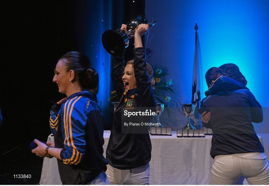 2 April 2016; Fiona Kelly, member of the Spa team, representing Kerry and Munster that won the Rince Foirne competition, celebrates after the presentation. All-Ireland Scór Sinsir Championship Finals. INEC, Gleneagle Hotel, Killarney, Co. Kerry. Picture credit: Piaras Ó Mídheach / SPORTSFILE