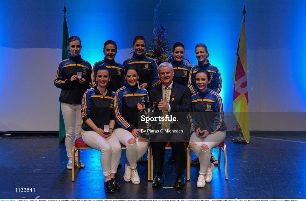 2 April 2016; Uachtarán Chumann Lúthchleas Gael Aogán Ó Fearghail with the Spa team, representing Kerry and Munster that won the Rince Foirne competition. Back row, from left, Fiona Kelly, Katie O'Connor, Claire Moynihan, Trish Murphy and Ciara O'Shea. Front row, Sinead Cronin, Mairead Mannion and Anne-Marie Nelligan. All-Ireland Scór Sinsir Championship Finals. INEC, Gleneagle Hotel, Killarney, Co. Kerry. Picture credit: Piaras Ó Mídheach / SPORTSFILE