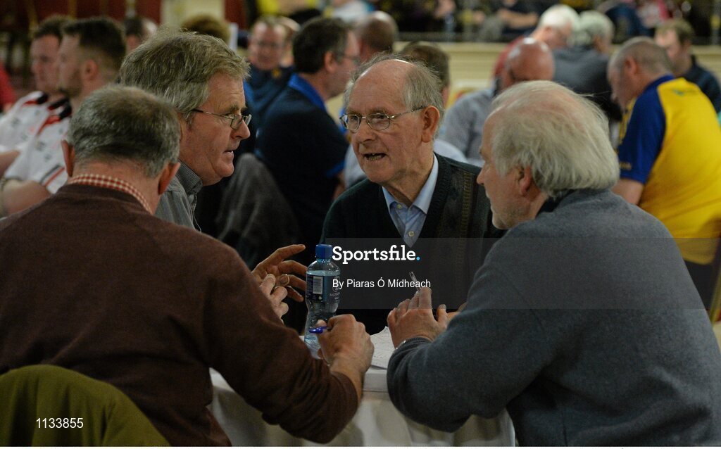 2 April 2016; Eventual winners, the Ferbane team of Christy Higgins, Liam Madden Liam Maher and Thomas Mullery, representing Offaly and Leinster in the Tráth na gCeist competition. All-Ireland Scór Sinsir Championship Finals. INEC, Gleneagle Hotel, Killarney, Co. Kerry. Picture credit: Piaras Ó Mídheach / SPORTSFILE