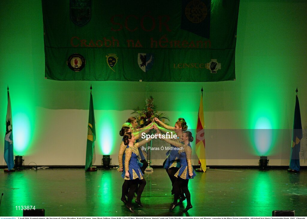 2 April 2016; Eventual winners, the Spa team of, Claire Moynihan, Katie O’Connor, Anne Marie Nelligan, Fiona Kelly, Ciara O’Shea, Mairéad Mangan, Sinéad Cronin and Trish Murphy, representing Kerry and Munster, competing in the Rince Foirne competition. All-Ireland Scór Sinsir Championship Finals. INEC, Gleneagle Hotel, Killarney, Co. Kerry. Picture credit: Piaras Ó Mídheach / SPORTSFILE