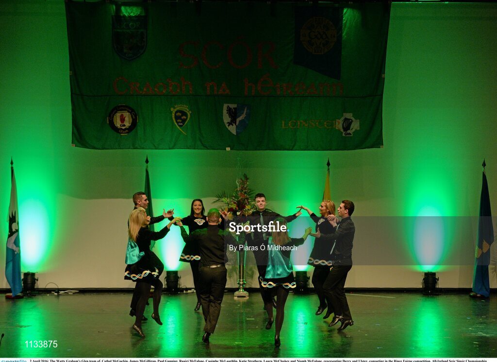 2 April 2016; The Watty Graham's Glen team of, Cathal McGuckin, James McGilligan, Paul Gunning, Ruairí McFalone, Caoimhe McLaughlin, Katie Strathern, Laura McCloskey and Niamh McFalone, representing Derry and Ulster, competing in the Rince Foirne competition. All-Ireland Scór Sinsir Championship Finals. INEC, Gleneagle Hotel, Killarney, Co. Kerry. Picture credit: Piaras Ó Mídheach / SPORTSFILE
