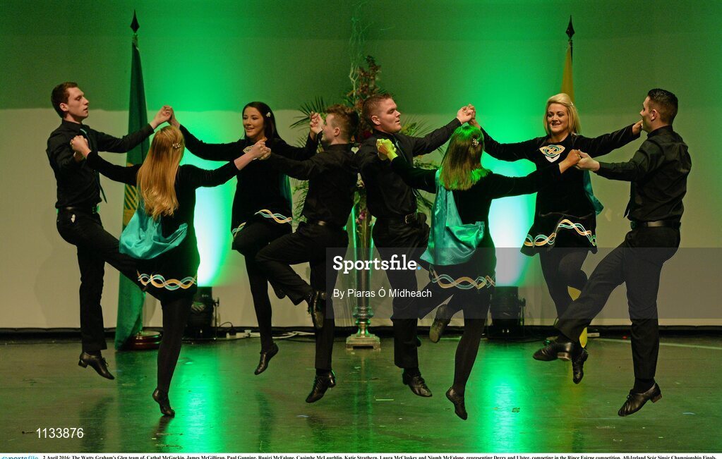 2 April 2016; The Watty Graham's Glen team of, Cathal McGuckin, James McGilligan, Paul Gunning, Ruairí McFalone, Caoimhe McLaughlin, Katie Strathern, Laura McCloskey and Niamh McFalone, representing Derry and Ulster, competing in the Rince Foirne competition. All-Ireland Scór Sinsir Championship Finals. INEC, Gleneagle Hotel, Killarney, Co. Kerry. Picture credit: Piaras Ó Mídheach / SPORTSFILE