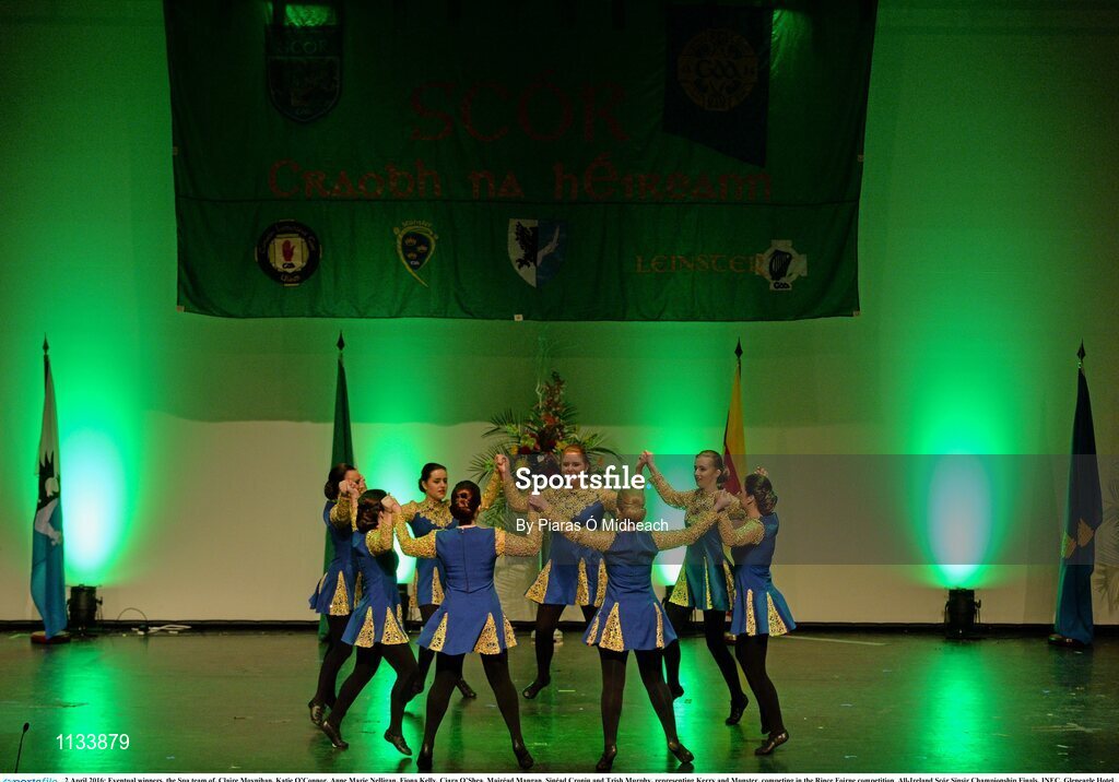 2 April 2016; Eventual winners, the Spa team of, Claire Moynihan, Katie O’Connor, Anne Marie Nelligan, Fiona Kelly, Ciara O’Shea, Mairéad Mangan, Sinéad Cronin and Trish Murphy, representing Kerry and Munster, competing in the Rince Foirne competition. All-Ireland Scór Sinsir Championship Finals. INEC, Gleneagle Hotel, Killarney, Co. Kerry. Picture credit: Piaras Ó Mídheach / SPORTSFILE