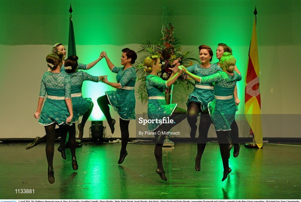 2 April 2016; The Mullingar Shamrocks team of, Mary Jo Geraghty, Geraldine Connolly, Maura Buckley, Shelia Marie Martin, Sarah Murphy, Kim Darby, Aileen Martin and Katie Murphy, representing Westmeath and Leinster, competing in the Rince Foirne competition. All-Ireland Scór Sinsir Championship Finals. INEC, Gleneagle Hotel, Killarney, Co. Kerry. Picture credit: Piaras Ó Mídheach / SPORTSFILE
