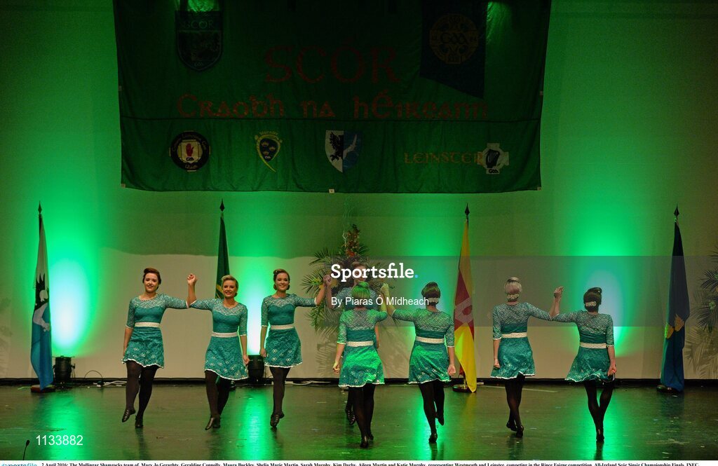 2 April 2016; The Mullingar Shamrocks team of, Mary Jo Geraghty, Geraldine Connolly, Maura Buckley, Shelia Marie Martin, Sarah Murphy, Kim Darby, Aileen Martin and Katie Murphy, representing Westmeath and Leinster, competing in the Rince Foirne competition. All-Ireland Scór Sinsir Championship Finals. INEC, Gleneagle Hotel, Killarney, Co. Kerry. Picture credit: Piaras Ó Mídheach / SPORTSFILE