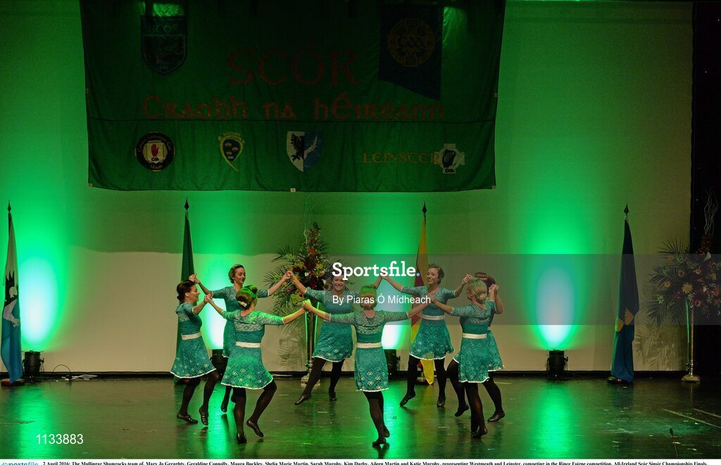 2 April 2016; The Mullingar Shamrocks team of, Mary Jo Geraghty, Geraldine Connolly, Maura Buckley, Shelia Marie Martin, Sarah Murphy, Kim Darby, Aileen Martin and Katie Murphy, representing Westmeath and Leinster, competing in the Rince Foirne competition. All-Ireland Scór Sinsir Championship Finals. INEC, Gleneagle Hotel, Killarney, Co. Kerry. Picture credit: Piaras Ó Mídheach / SPORTSFILE