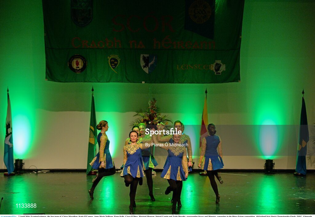 2 April 2016; Eventual winners, the Spa team of, Claire Moynihan, Katie O’Connor, Anne Marie Nelligan, Fiona Kelly, Ciara O’Shea, Mairéad Mangan, Sinéad Cronin and Trish Murphy, representing Kerry and Munster, competing in the Rince Foirne competition. All-Ireland Scór Sinsir Championship Finals. INEC, Gleneagle Hotel, Killarney, Co. Kerry. Picture credit: Piaras Ó Mídheach / SPORTSFILE