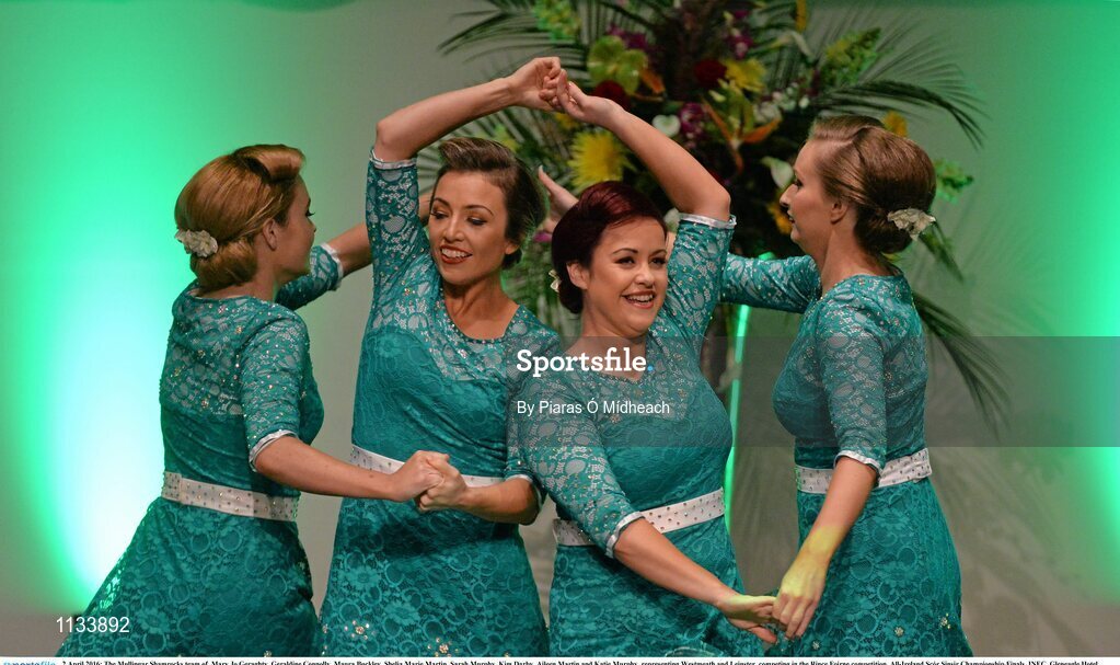 2 April 2016; The Mullingar Shamrocks team of, Mary Jo Geraghty, Geraldine Connolly, Maura Buckley, Shelia Marie Martin, Sarah Murphy, Kim Darby, Aileen Martin and Katie Murphy, representing Westmeath and Leinster, competing in the Rince Foirne competition. All-Ireland Scór Sinsir Championship Finals. INEC, Gleneagle Hotel, Killarney, Co. Kerry. Picture credit: Piaras Ó Mídheach / SPORTSFILE