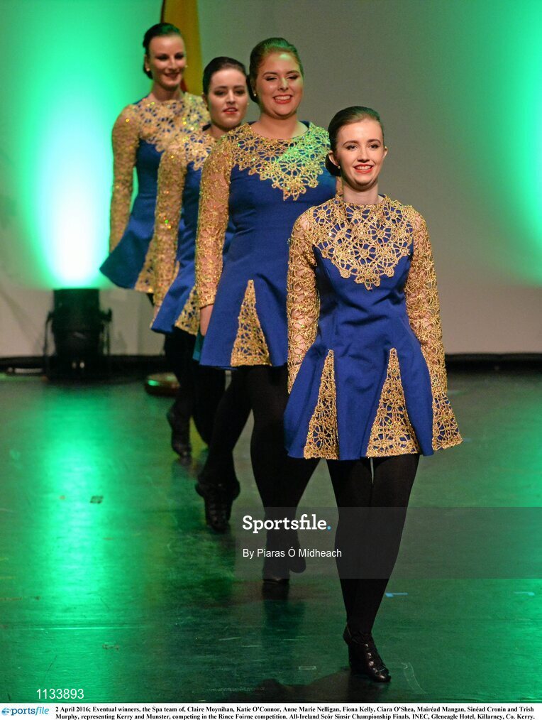 2 April 2016; Eventual winners, the Spa team of, Claire Moynihan, Katie O’Connor, Anne Marie Nelligan, Fiona Kelly, Ciara O’Shea, Mairéad Mangan, Sinéad Cronin and Trish Murphy, representing Kerry and Munster, competing in the Rince Foirne competition. All-Ireland Scór Sinsir Championship Finals. INEC, Gleneagle Hotel, Killarney, Co. Kerry. Picture credit: Piaras Ó Mídheach / SPORTSFILE