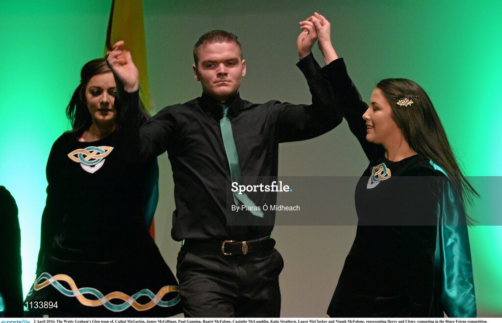 2 April 2016; The Watty Graham's Glen team of, Cathal McGuckin, James McGilligan, Paul Gunning, Ruairí McFalone, Caoimhe McLaughlin, Katie Strathern, Laura McCloskey and Niamh McFalone, representing Derry and Ulster, competing in the Rince Foirne competition. All-Ireland Scór Sinsir Championship Finals. INEC, Gleneagle Hotel, Killarney, Co. Kerry. Picture credit: Piaras Ó Mídheach / SPORTSFILE