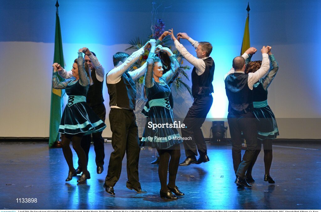 2 April 2016; The Emyvale team of Gerard Mc Gonnell, Donal Kavanagh, Stephen Maguire, Peadar Sherry, Michaela Mc Gee, Cathy Kirke, Mary Kirke and Riona Kavanagh, representing Monaghan and Ulster, competing in the Rince Seit competition. All-Ireland Scór Sinsir Championship Finals. INEC, Gleneagle Hotel, Killarney, Co. Kerry. Picture credit: Piaras Ó Mídheach / SPORTSFILE