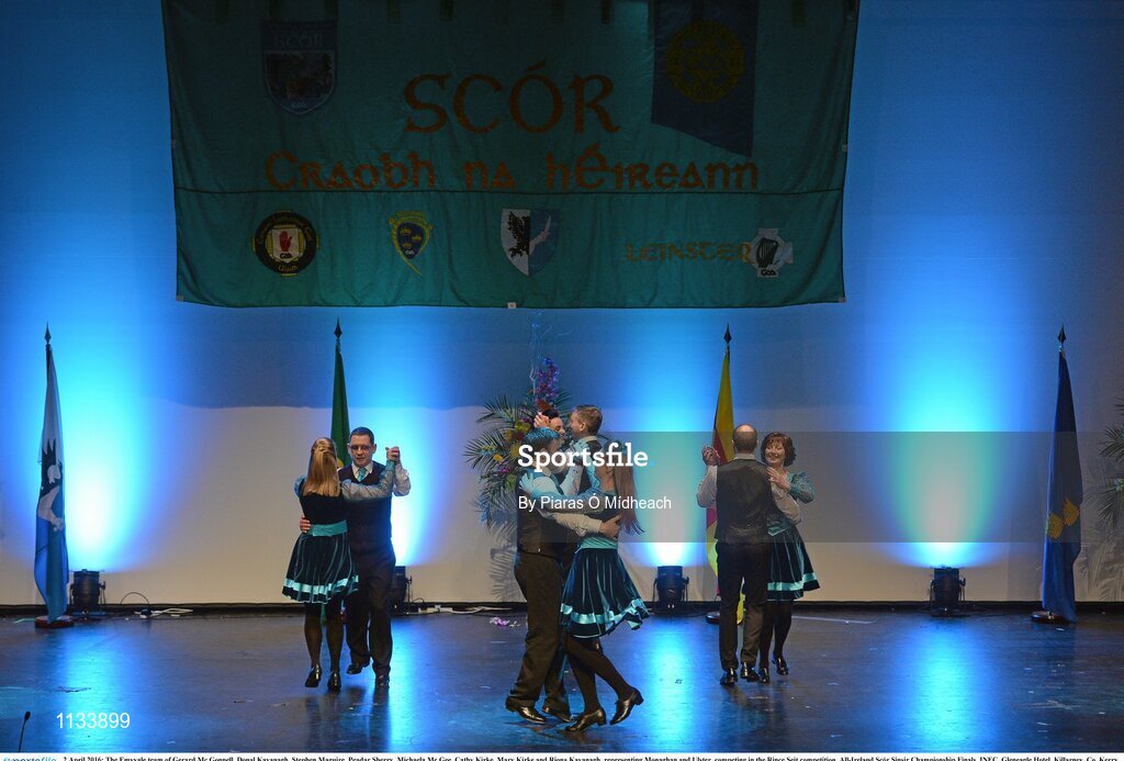 2 April 2016; The Emyvale team of Gerard Mc Gonnell, Donal Kavanagh, Stephen Maguire, Peadar Sherry, Michaela Mc Gee, Cathy Kirke, Mary Kirke and Riona Kavanagh, representing Monaghan and Ulster, competing in the Rince Seit competition. All-Ireland Scór Sinsir Championship Finals. INEC, Gleneagle Hotel, Killarney, Co. Kerry. Picture credit: Piaras Ó Mídheach / SPORTSFILE