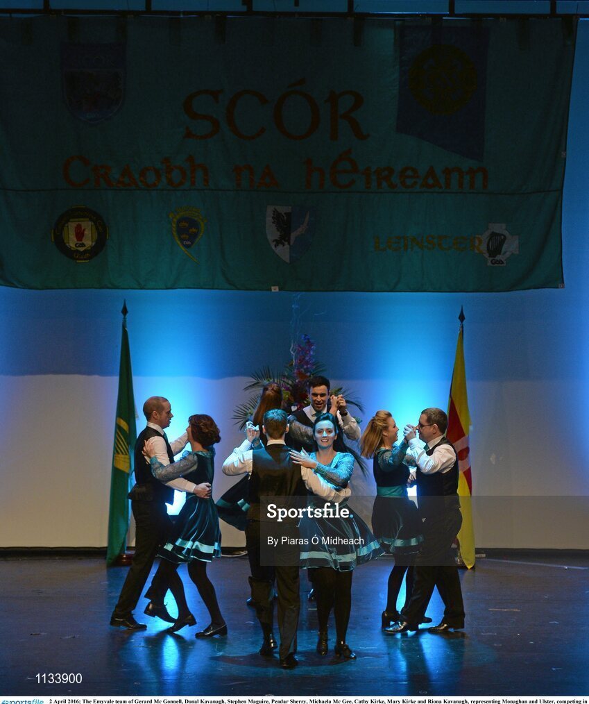 2 April 2016; The Emyvale team of Gerard Mc Gonnell, Donal Kavanagh, Stephen Maguire, Peadar Sherry, Michaela Mc Gee, Cathy Kirke, Mary Kirke and Riona Kavanagh, representing Monaghan and Ulster, competing in the Rince Seit competition. All-Ireland Scór Sinsir Championship Finals. INEC, Gleneagle Hotel, Killarney, Co. Kerry. Picture credit: Piaras Ó Mídheach / SPORTSFILE