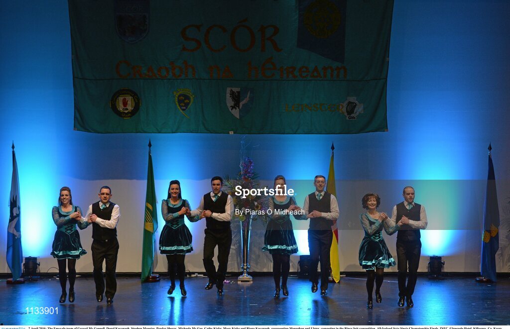 2 April 2016; The Emyvale team of Gerard Mc Gonnell, Donal Kavanagh, Stephen Maguire, Peadar Sherry, Michaela Mc Gee, Cathy Kirke, Mary Kirke and Riona Kavanagh, representing Monaghan and Ulster, competing in the Rince Seit competition. All-Ireland Scór Sinsir Championship Finals. INEC, Gleneagle Hotel, Killarney, Co. Kerry. Picture credit: Piaras Ó Mídheach / SPORTSFILE