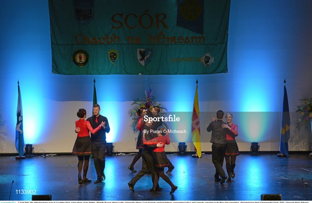 2 April 2016; The Abbeyknockmoy team of, Geraldine Flesk, Claire Quinn, Katie Mullins, Michelle Warren, Brian Carthy, Christopher Dunne, Craig Kennedy and Paul Flaherty, representing Galway and Connacht, competing in the Rince Seit competition. All-Ireland Scór Sinsir Championship Finals. INEC, Gleneagle Hotel, Killarney, Co. Kerry. Picture credit: Piaras Ó Mídheach / SPORTSFILE
