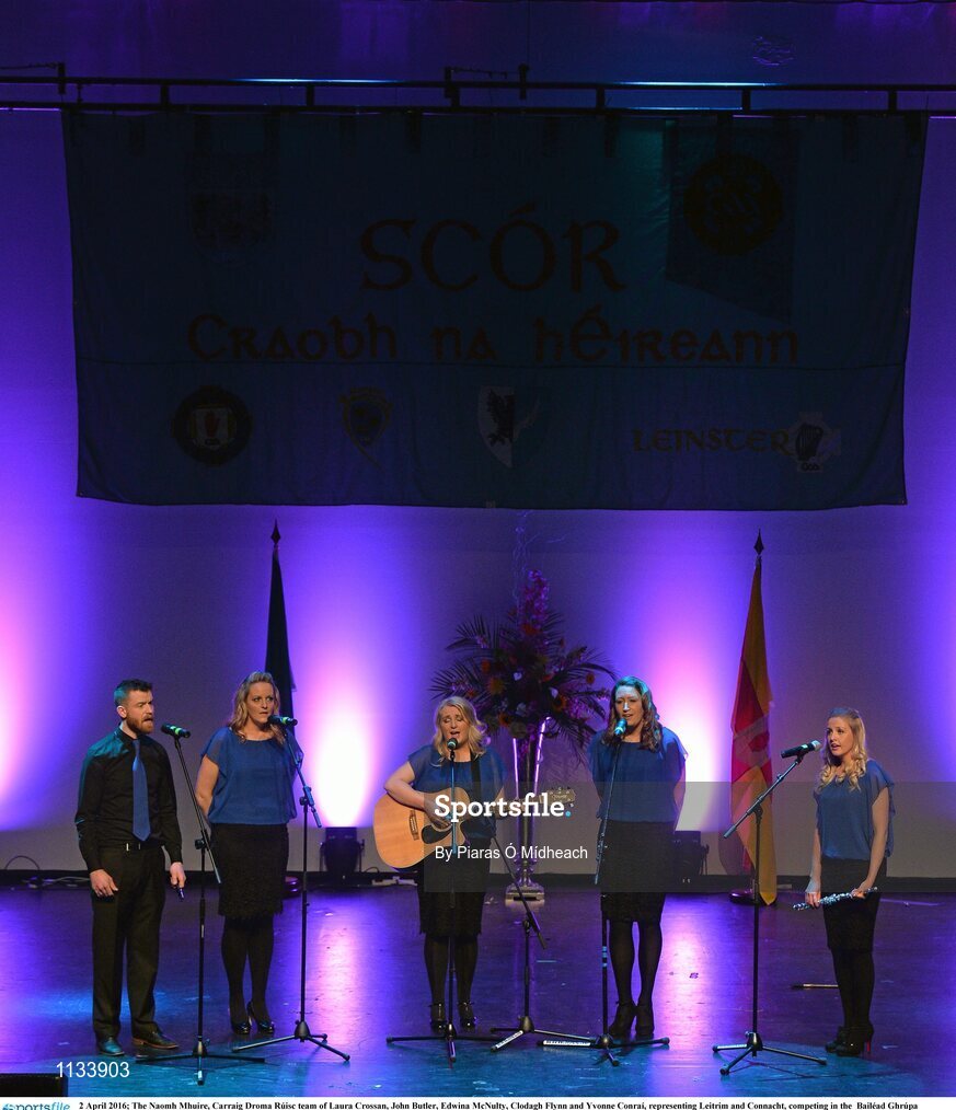 2 April 2016; The Naomh Mhuire, Carraig Droma Rúisc team of Laura Crossan, John Butler, Edwina McNulty, Clodagh Flynn and Yvonne Conraí, representing Leitrim and Connacht, competing in the  Bailéad Ghrúpa competition. All-Ireland Scór Sinsir Championship Finals. INEC, Gleneagle Hotel, Killarney, Co. Kerry. Picture credit: Piaras Ó Mídheach / SPORTSFILE