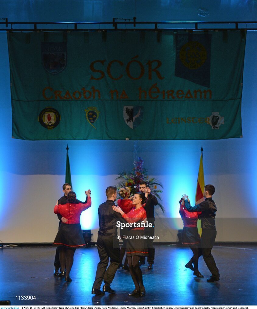 2 April 2016; The Abbeyknockmoy team of, Geraldine Flesk, Claire Quinn, Katie Mullins, Michelle Warren, Brian Carthy, Christopher Dunne, Craig Kennedy and Paul Flaherty, representing Galway and Connacht, competing in the Rince Seit competition. All-Ireland Scór Sinsir Championship Finals. INEC, Gleneagle Hotel, Killarney, Co. Kerry. Picture credit: Piaras Ó Mídheach / SPORTSFILE