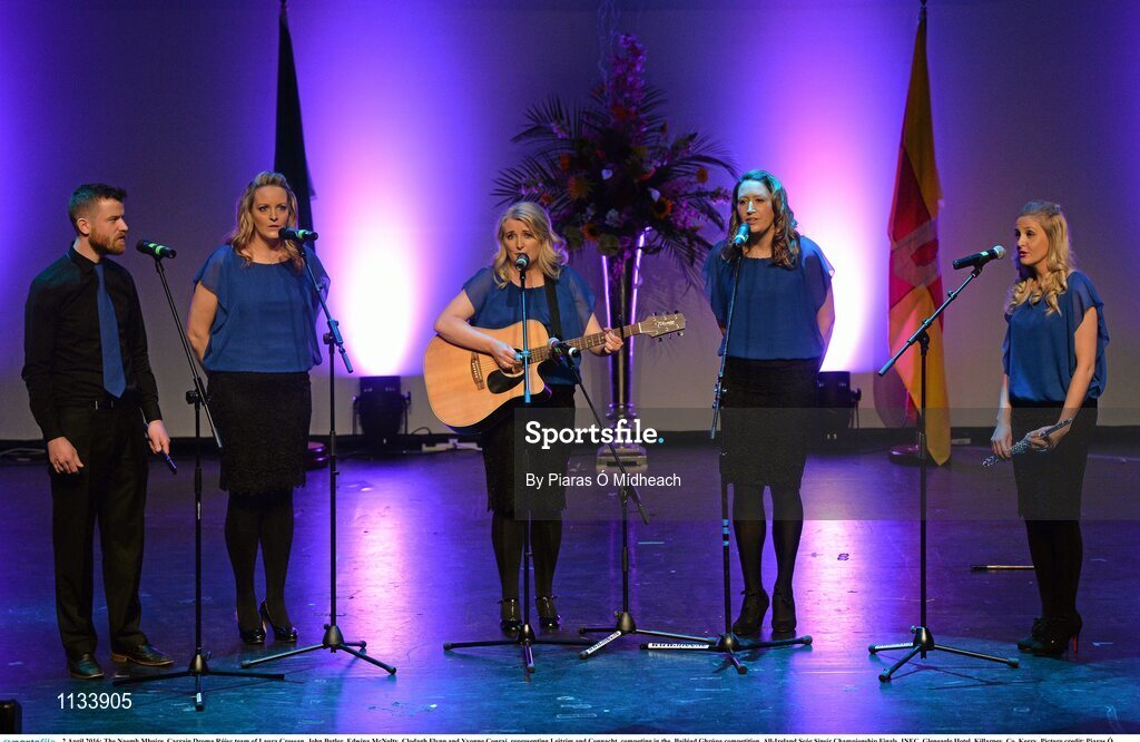 2 April 2016; The Naomh Mhuire, Carraig Droma Rúisc team of Laura Crossan, John Butler, Edwina McNulty, Clodagh Flynn and Yvonne Conraí, representing Leitrim and Connacht, competing in the  Bailéad Ghrúpa competition. All-Ireland Scór Sinsir Championship Finals. INEC, Gleneagle Hotel, Killarney, Co. Kerry. Picture credit: Piaras Ó Mídheach / SPORTSFILE