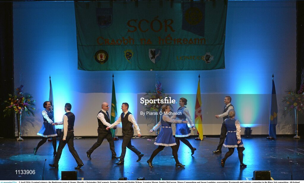 2 April 2016; Eventual winners, the Bunbrosna team of, Kenny Murphy, Christopher McCormack, Seamus Moran and Robbie Wilson, Veronica Moran, Sandra McGurren, Maura Connaughton and Susan Lambden, representing Westmeath and Leinster, competing in the Rince Seit competition. All-Ireland Scór Sinsir Championship Finals. INEC, Gleneagle Hotel, Killarney, Co. Kerry. Picture credit: Piaras Ó Mídheach / SPORTSFILE
