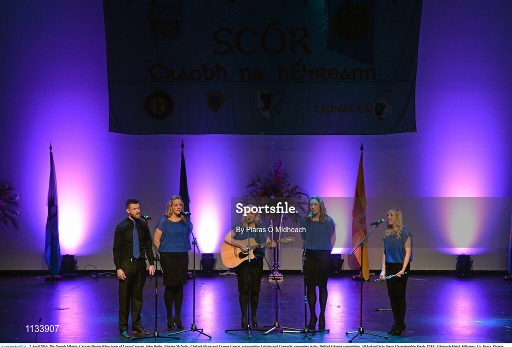 2 April 2016; The Naomh Mhuire, Carraig Droma Rúisc team of Laura Crossan, John Butler, Edwina McNulty, Clodagh Flynn and Yvonne Conraí, representing Leitrim and Connacht, competing in the  Bailéad Ghrúpa competition. All-Ireland Scór Sinsir Championship Finals. INEC, Gleneagle Hotel, Killarney, Co. Kerry. Picture credit: Piaras Ó Mídheach / SPORTSFILE