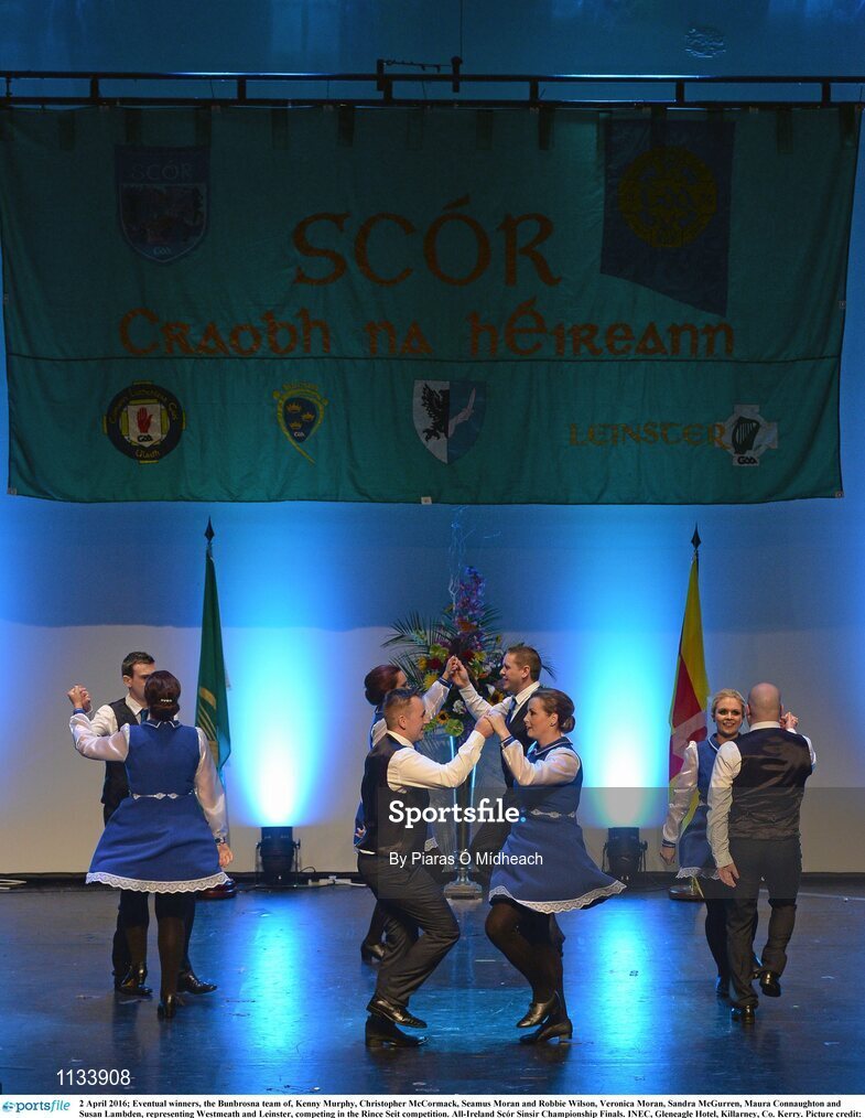 2 April 2016; Eventual winners, the Bunbrosna team of, Kenny Murphy, Christopher McCormack, Seamus Moran and Robbie Wilson, Veronica Moran, Sandra McGurren, Maura Connaughton and Susan Lambden, representing Westmeath and Leinster, competing in the Rince Seit competition. All-Ireland Scór Sinsir Championship Finals. INEC, Gleneagle Hotel, Killarney, Co. Kerry. Picture credit: Piaras Ó Mídheach / SPORTSFILE