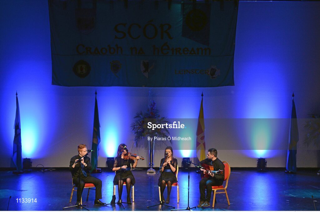 2 April 2016; Eventual winners, the Derrytresk team of, Rachel McGarrity, Michael Coney, Alannah Campbell and Niall Hanna, representing Tyrone and Ulster, competing in the Ceol Uirlise competition. All-Ireland Scór Sinsir Championship Finals. INEC, Gleneagle Hotel, Killarney, Co. Kerry. Picture credit: Piaras Ó Mídheach / SPORTSFILE