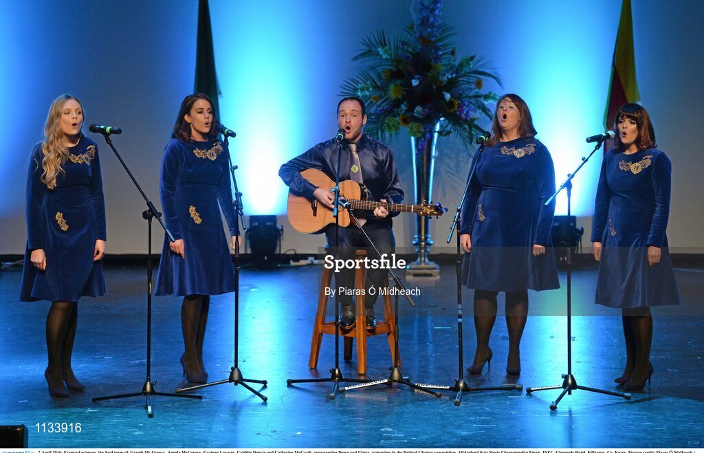 2 April 2016; Eventual winners, the Saul team of, Gareth Mc Greevy, Angela McGreevy, Grainne Laverty, Caithlin Denvir and Catherine McGrath, representing Down and Ulster, competing in the Bailéad Ghrúpa competition. All-Ireland Scór Sinsir Championship Finals. INEC, Gleneagle Hotel, Killarney, Co. Kerry. Picture credit: Piaras Ó Mídheach / SPORTSFILE