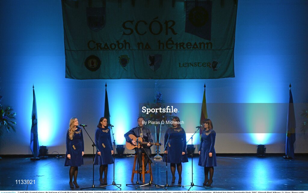 2 April 2016; Eventual winners, the Saul team of, Gareth Mc Greevy, Angela McGreevy, Grainne Laverty, Caithlin Denvir and Catherine McGrath, representing Down and Ulster, competing in the Bailéad Ghrúpa competition. All-Ireland Scór Sinsir Championship Finals. INEC, Gleneagle Hotel, Killarney, Co. Kerry. Picture credit: Piaras Ó Mídheach / SPORTSFILE