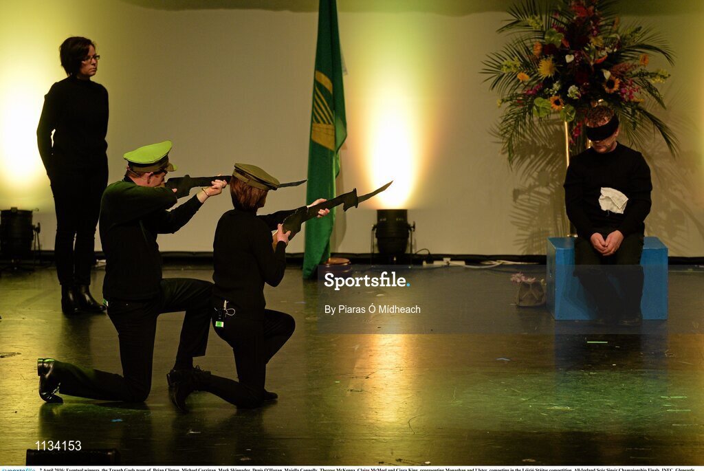 2 April 2016; Eventual winners, the Truagh Gaels team of, Brian Clinton, Michael Corrigan, Mark Skinnader, Denis O’Hagan, Majella Connolly, Therese McKenna, Claire McMeel and Ciara King, representing Monaghan and Ulster, competing in the Léiriú Stáitse competition. All-Ireland Scór Sinsir Championship Finals. INEC, Gleneagle Hotel, Killarney, Co. Kerry. Picture credit: Piaras Ó Mídheach / SPORTSFILE