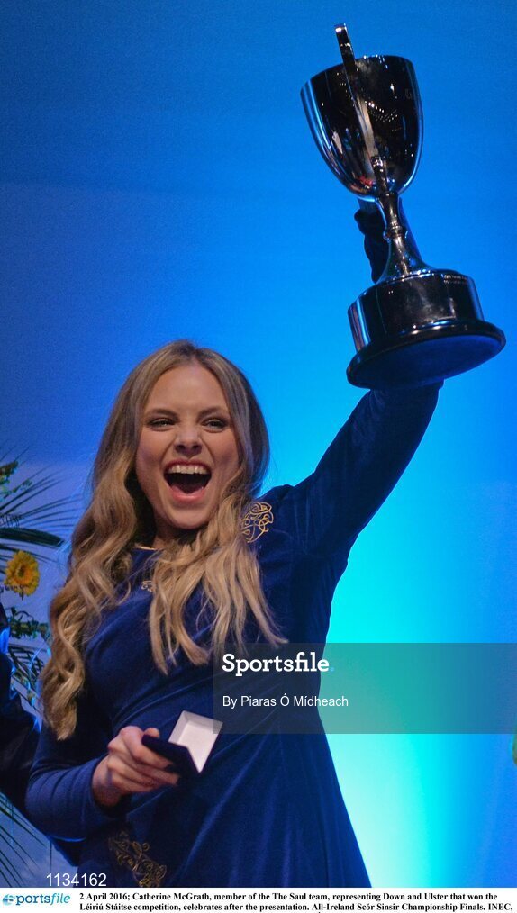 2 April 2016; Catherine McGrath, member of the The Saul team, representing Down and Ulster that won the Bailéad Ghrúpa competition, celebrates after the presentation. All-Ireland Scór Sinsir Championship Finals. INEC, Gleneagle Hotel, Killarney, Co. Kerry. Picture credit: Piaras Ó Mídheach / SPORTSFILE