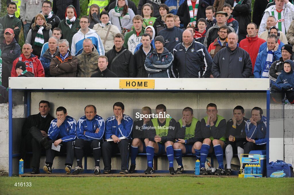 2 April 2010; The Limerick FC bench, including manager Pat Scully, left, during the game. Airtricity League, First Division, Limerick FC v Cork City Foras Co-op, Jackman Park, Limerick. Picture credit: Stephen McCarthy / SPORTSFILE