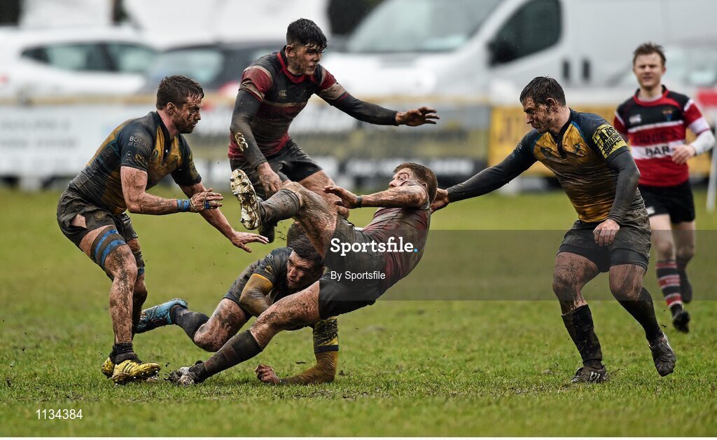 3 April 2016; Liam Gaffney, Wicklow, is tackled by Neil Finlay, left, Simon King, and Chris Jebb, right, Clondalkin. Bank of Ireland Provincial Towns Cup Semi-Final, Wicklow v Clondalkin. Co. Carlow Football Club, Oakpark, Carlow. Photo by Sportsfile