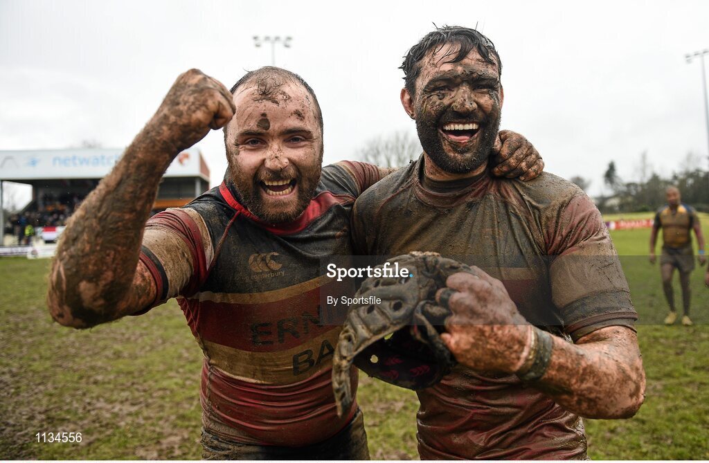 3 April 2016; Wicklow captain Wes Wojnar, right, celebrates with team-mate Stephen Duffy after the game. Bank of Ireland Provincial Towns Cup Semi-Final, Wicklow v Clondalkin. Co. Carlow Football Club, Oakpark, Carlow. Photo by Sportsfile