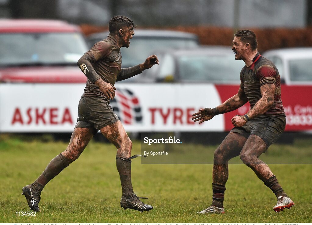 3 April 2016; Andrew Doyle, Wicklow, celebrates at the final whistle with team-mate Kieran Hurell, right. Bank of Ireland Provincial Towns Cup Semi-Final, Wicklow v Clondalkin. Co. Carlow Football Club, Oakpark, Carlow. Photo by Sportsfile