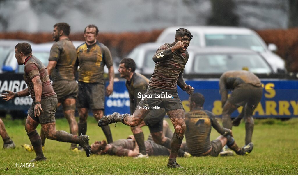 3 April 2016; Andrew Doyle, Wicklow, celebrates a late try in the game. Bank of Ireland Provincial Towns Cup Semi-Final, Wicklow v Clondalkin. Co. Carlow Football Club, Oakpark, Carlow. Photo by Sportsfile