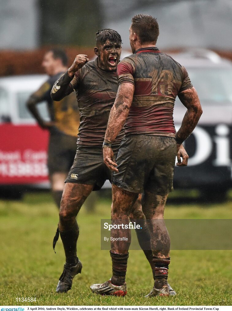 3 April 2016; Andrew Doyle, Wicklow, celebrates at the final whistl with team-mate Kieran Hurell, right. Bank of Ireland Provincial Towns Cup Semi-Final, Wicklow v Clondalkin. Co. Carlow Football Club, Oakpark, Carlow. Photo by Sportsfile