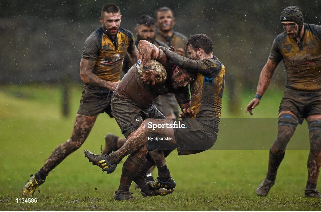 3 April 2016; Shane Farrar, Wicklow, is tackled by Podge Murphy, Clondalkin. Bank of Ireland Provincial Towns Cup Semi-Final, Wicklow v Clondalkin. Co. Carlow Football Club, Oakpark, Carlow. Photo by Sportsfile