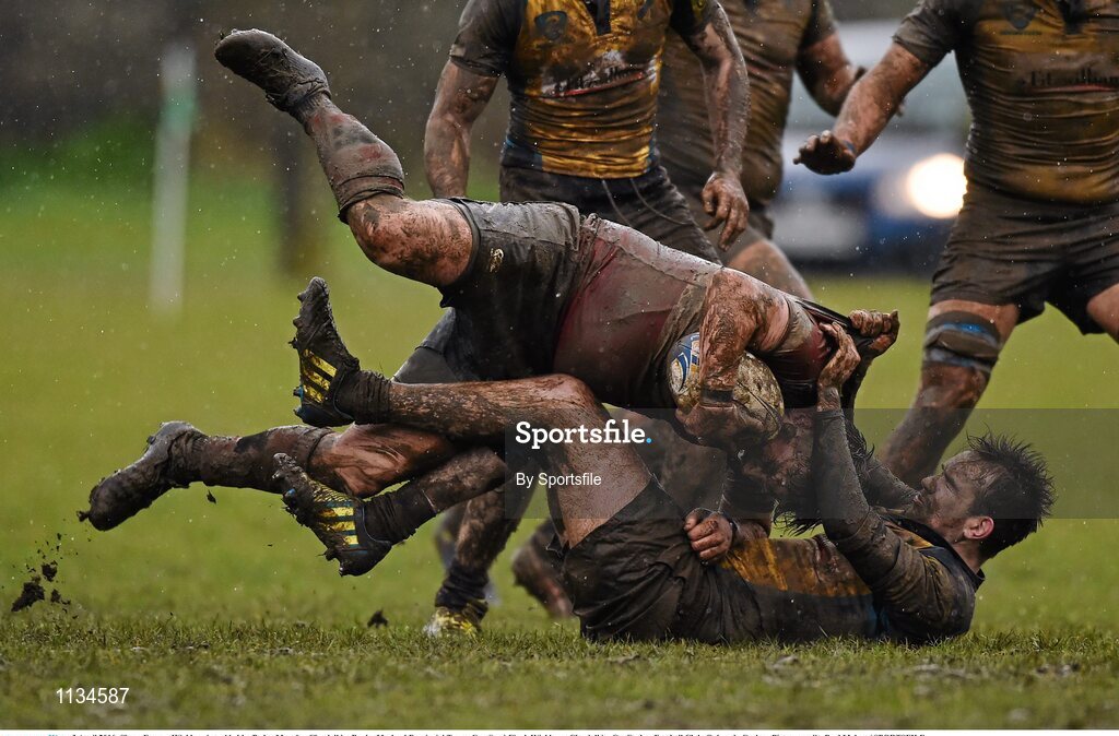 3 April 2016; Shane Farrar, Wicklow, is tackled by Podge Murphy, Clondalkin. Bank of Ireland Provincial Towns Cup Semi-Final, Wicklow v Clondalkin. Co. Carlow Football Club, Oakpark, Carlow. Photo by Sportsfile