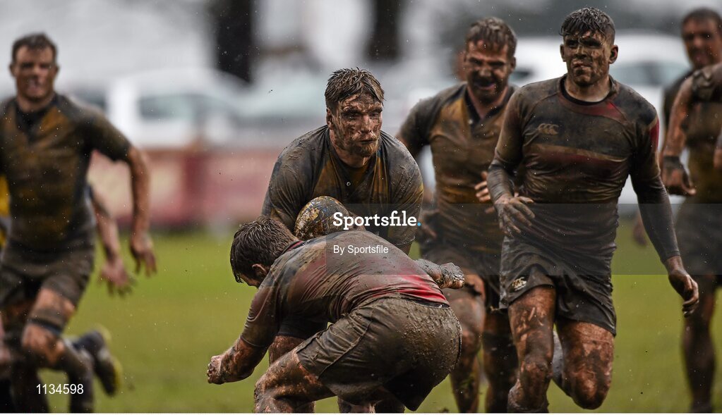 3 April 2016; Simon King, Clondalkin, is tackled by Niall Earls, Wicklow. Bank of Ireland Provincial Towns Cup Semi-Final, Wicklow v Clondalkin. Co. Carlow Football Club, Oakpark, Carlow. Photo by Sportsfile