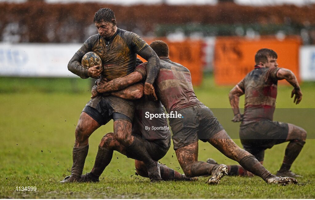3 April 2016; David Gaule, Clondalkin, is tackled by Wes Wojnar, and Liam Gaffney, right, Wicklow. Bank of Ireland Provincial Towns Cup Semi-Final, Wicklow v Clondalkin. Co. Carlow Football Club, Oakpark, Carlow. Photo by Sportsfile