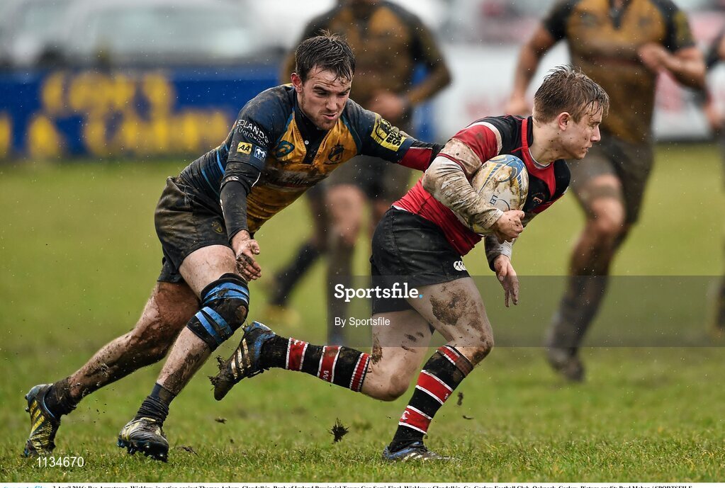 3 April 2016; Ben Armstrong, Wicklow, in action against Thomas Anksrs, Clondalkin. Bank of Ireland Provincial Towns Cup Semi-Final, Wicklow v Clondalkin. Co. Carlow Football Club, Oakpark, Carlow. Photo by Sportsfile